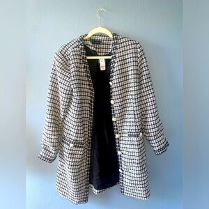 Tweed jacket Checked coat gold button classic trench coat long blazer fall coat